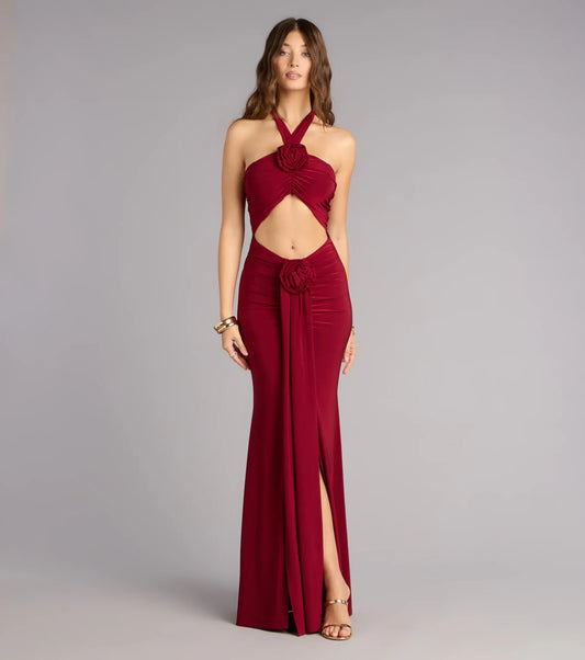 Burgundy Mermaid Halter High Slit Floor-Length Wedding Dress - Yihuiw by Yihuiw