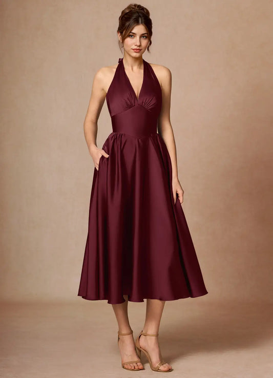 Burgundy Halter Satin Open Back Midi Wedding Dress - Yihuiw by Yihuiw