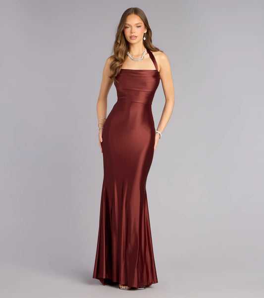 Burgundy Mermaid Halter Lace Lace-Up Back Floor-Length Wedding Dress - Yihuiw by Yihuiw