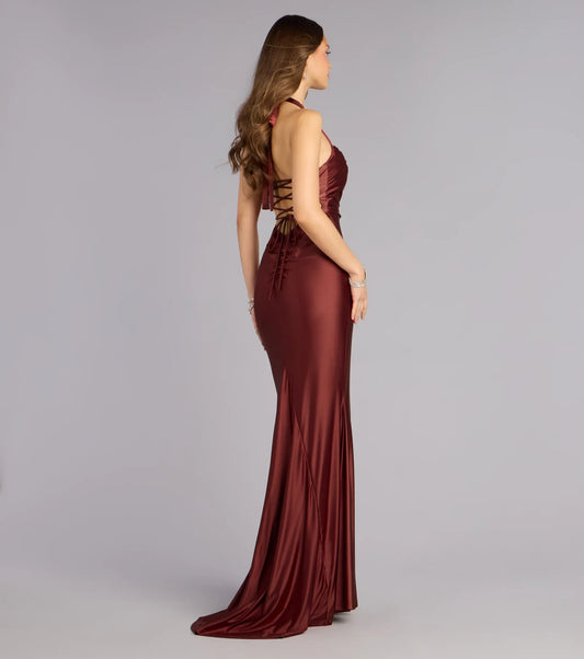 Burgundy Mermaid Halter Lace Lace-Up Back Floor-Length Wedding Dress - Yihuiw by Yihuiw