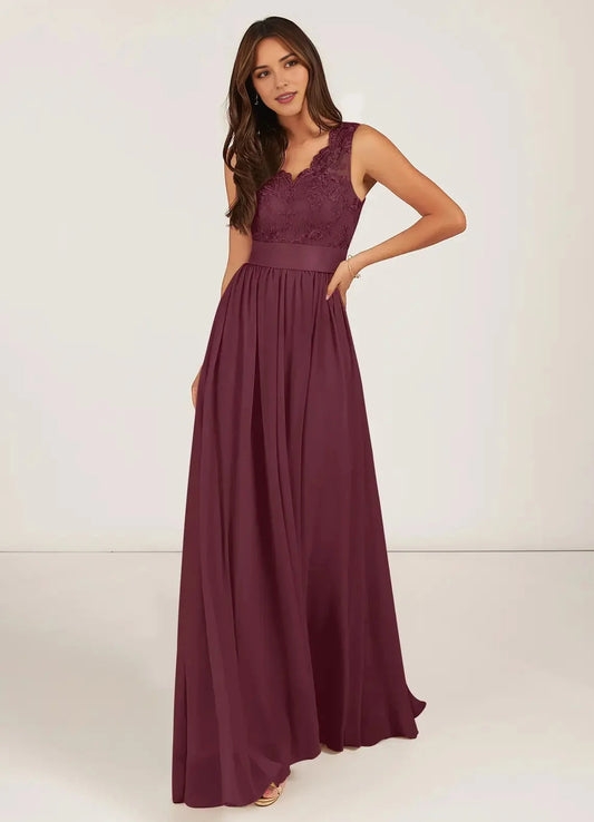 Burgundy Lace V-Neck Maxi Dress with Bow Back Cabernet A-Line Chiffon Dress Bridesmaid Dresses by YiHuiw
