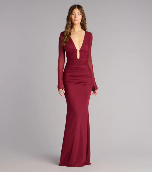 Burgundy Mermaid Mesh Long Sleeve Ruched Floor-Length Wedding Dress - Yihuiw by Yihuiw