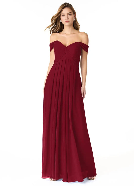 Burgundy Off-Shoulder Maxi Dress with Pleated Skirt Empire Ruched Chiffon Convertible Bridesmaid Dresses by YiHuiw