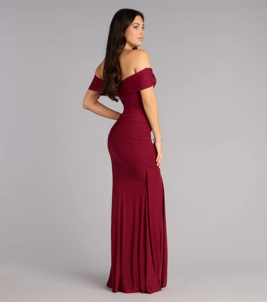 Burgundy Mermaid Off-Shoulder Mesh Ruched Floor-Length Wedding Dress - Yihuiw by Yihuiw