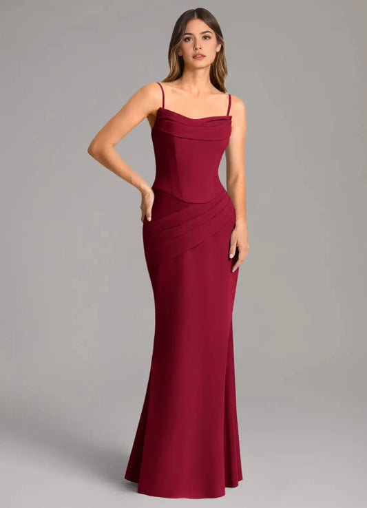 Burgundy One-Shoulder Maxi Dress with Draped Scarf and Corset Back Mermaid Corset Chiffon Dress Bridesmaid Dresses by YiHuiw