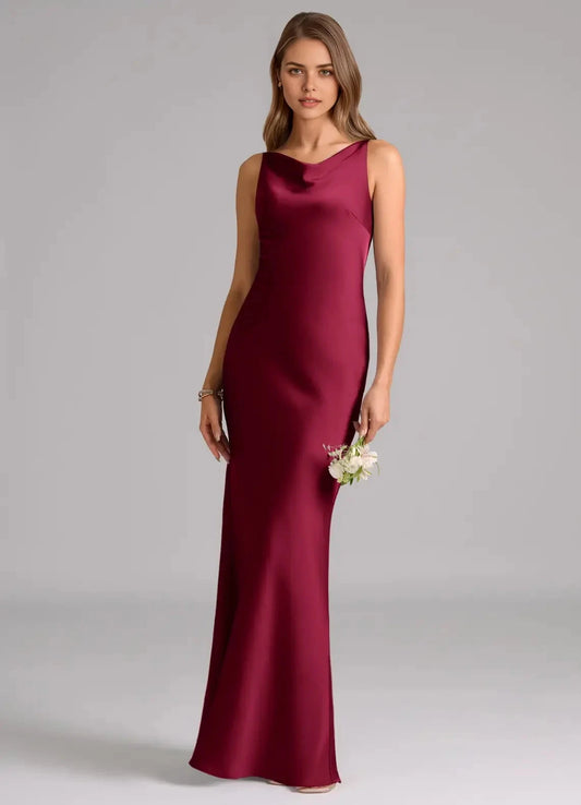 Burgundy Satin Cowl Neck Maxi Dress Mermaid Stretch Satin Dress Bridesmaid Dresses by YiHuiw