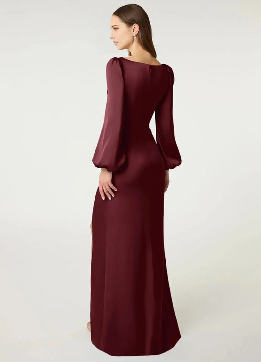 Burgundy Satin Long Sleeve Maxi Dress with Side Slit Cabernet Sheath Long Sleeve Stretch Satin Dress Bridesmaid Dresses by YiHuiw