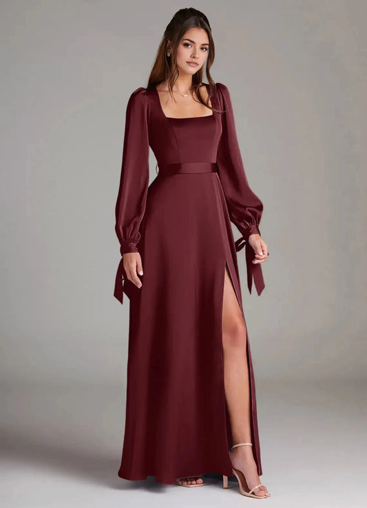 Burgundy Satin Square Neck Long Sleeve Maxi Dress with Side Slit and Back A-Line Long Sleeve Stretch Satin Dress Bridesmaid Dresses by YiHuiw