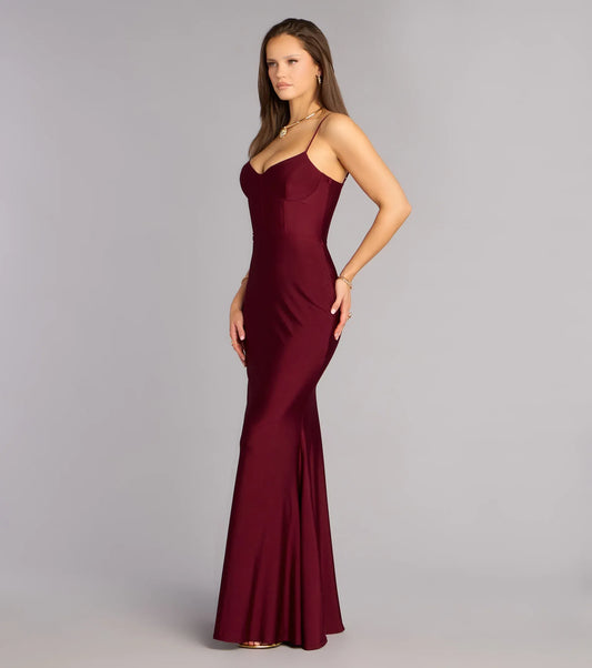 Burgundy Mermaid Spaghetti Strap Lace Lace-Up Back Floor-Length Homecoming Dress - Yihuiw by Yihuiw
