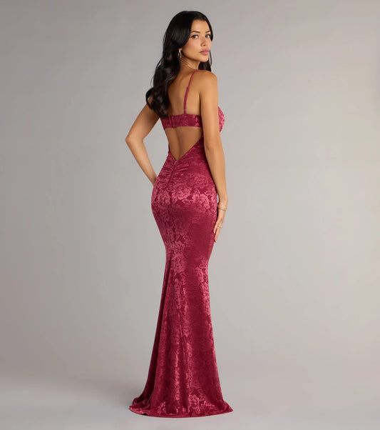 Burgundy Mermaid Spaghetti Strap Lace Open Back Floor-Length Wedding Dress - Yihuiw by Yihuiw