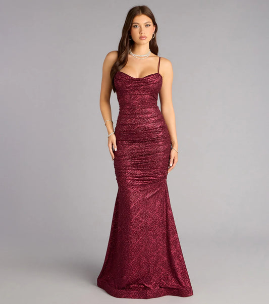 Burgundy Mermaid Spaghetti Strap Ruched Floor-Length Wedding Dress - Yihuiw by Yihuiw
