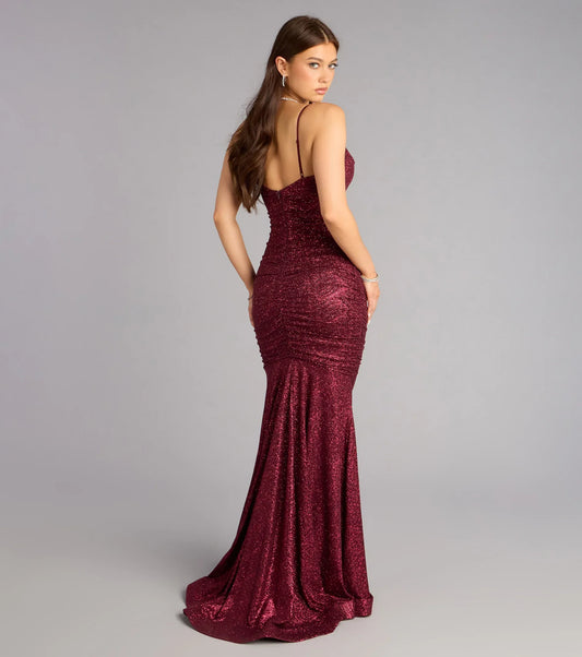 Burgundy Mermaid Spaghetti Strap Ruched Floor-Length Wedding Dress - Yihuiw by Yihuiw
