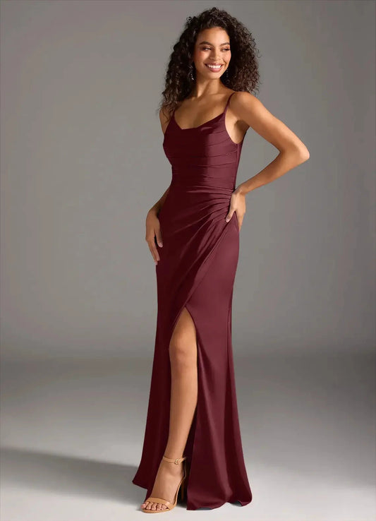 Burgundy Spaghetti Strap Maxi Dress with Side Slit and Ruched Detail Cabernet Mermaid Pleated Stretch Satin Dress Bridesmaid Dresses by YiHuiw