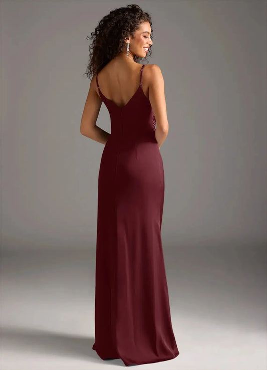 Burgundy Spaghetti Strap Maxi Dress with Side Slit and Ruched Detail Cabernet Mermaid Pleated Stretch Satin Dress Bridesmaid Dresses by YiHuiw