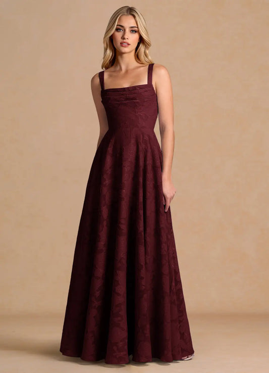 Burgundy A-Line Square Neck Pleated Floor-Length Wedding Dress - Yihuiw by Yihuiw