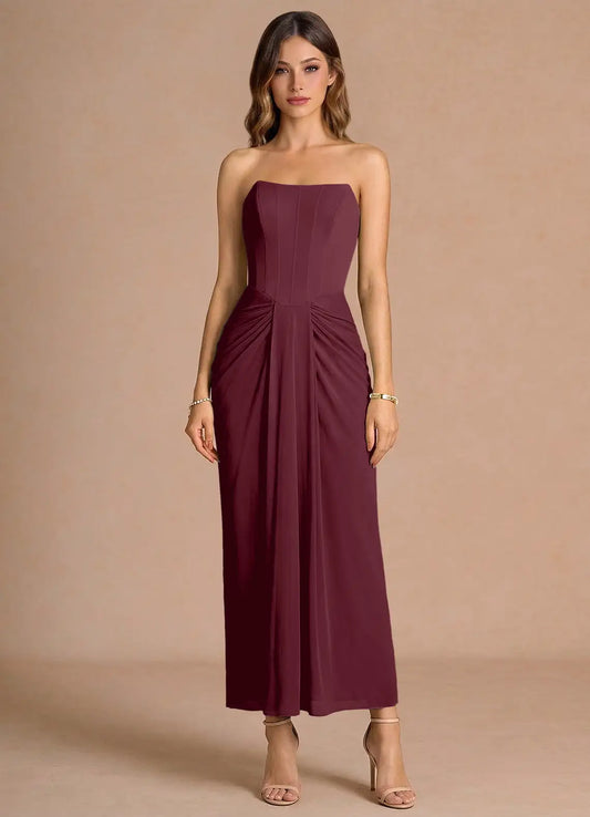 Burgundy Strapless Lace-Up Back Midi Wedding Dress - Yihuiw by Yihuiw