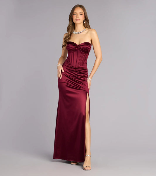 Burgundy Mermaid Sweetheart Satin Lace-Up Back High Slit Floor-Length Wedding Dress - Yihuiw by Yihuiw