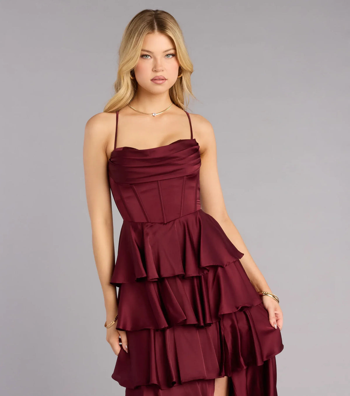 Burgundy Spaghetti Strap Lace Lace-Up Back High Slit Floor-Length Wedding Dress - Yihuiw by Yihuiw