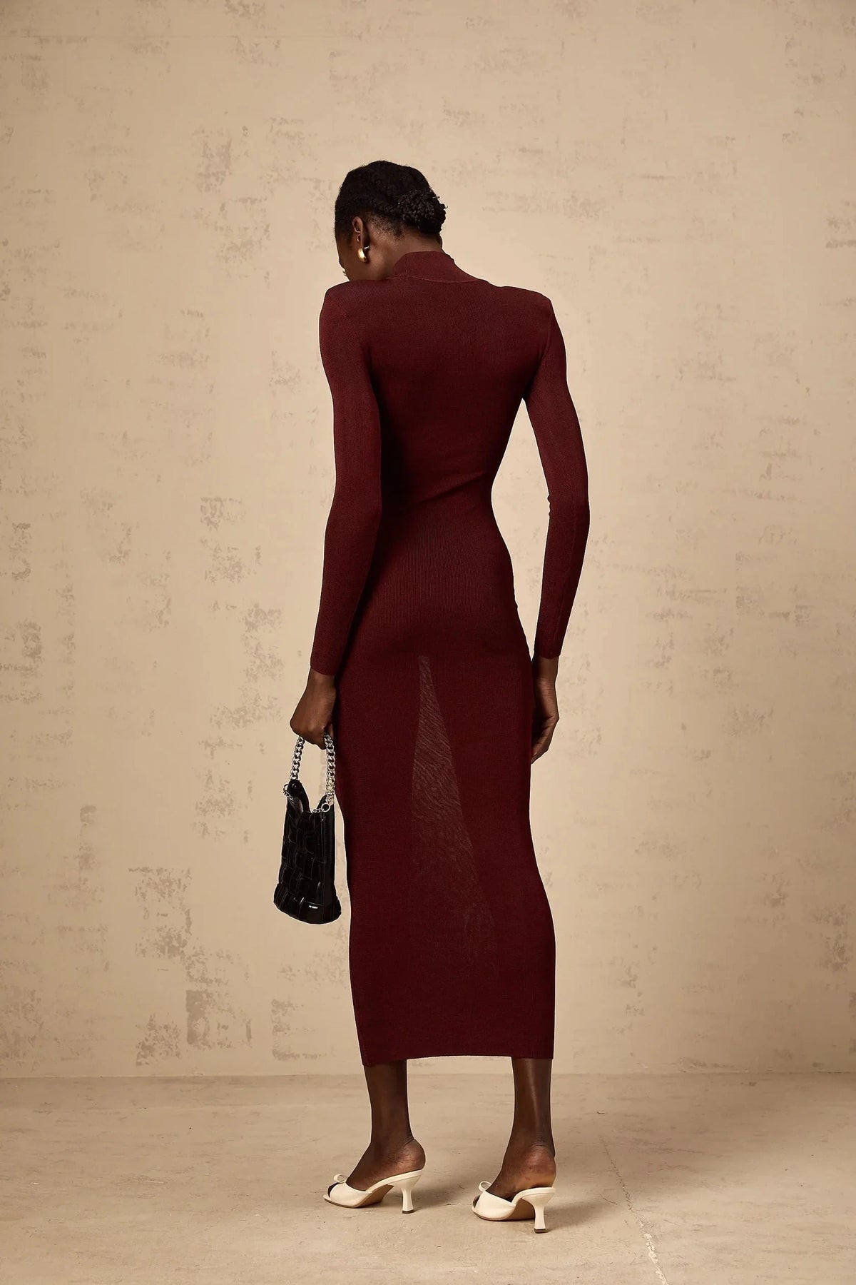 Burgundy Turtleneck Sheer Panel Midi Dress red semi-sheer knitted midi dress Evening Dress by YiHuiw