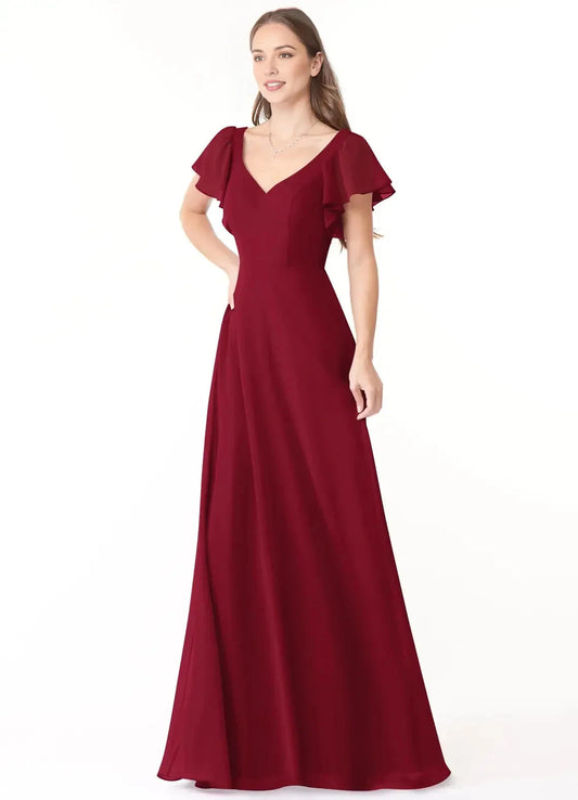 Burgundy V-Neck Maxi Dress with Ruffled Sleeves and Back Bow A-Line Ruched Chiffon Dress Bridesmaid Dresses by YiHuiw