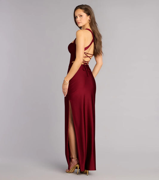 Burgundy Square Neck Satin High Slit Midi Wedding Dress - Yihuiw by Yihuiw
