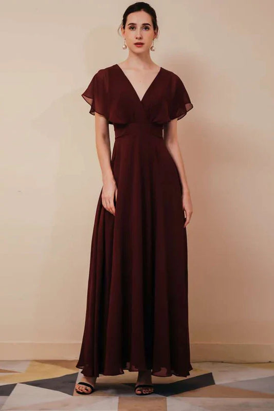 Burgundy Chiffon Bridesmaid Dress with Flutter Sleeves and V-Neck