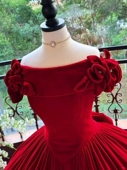 Burgundy Elegant Retro Long Velvet Quinceanera Dresses Prom Dress Graduation Dress Princess by YiHuiw