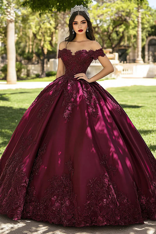 Burgundy Off-the-Shoulder Glitter Ball Gown Prom Dress with Lace Appliques