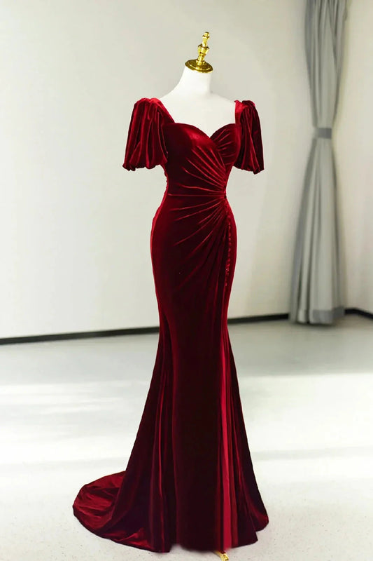 Burgundy Pleated Velvet Long Prom Dress with Slit Mermaid Backless Evening Party Dress simple gentle atmospheric and unique desi Bring summer colors to enhance white by YiHuiw