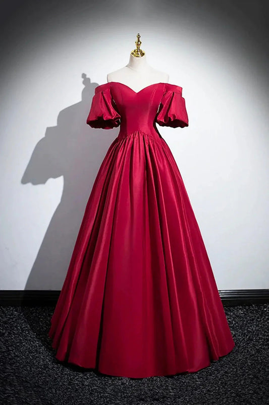 Burgundy Satin Floor Length A-Line Prom Dress Off the Shoulder Evening Party Dress simple gentle atmospheric and unique desi Bring summer colors to enhance white by YiHuiw