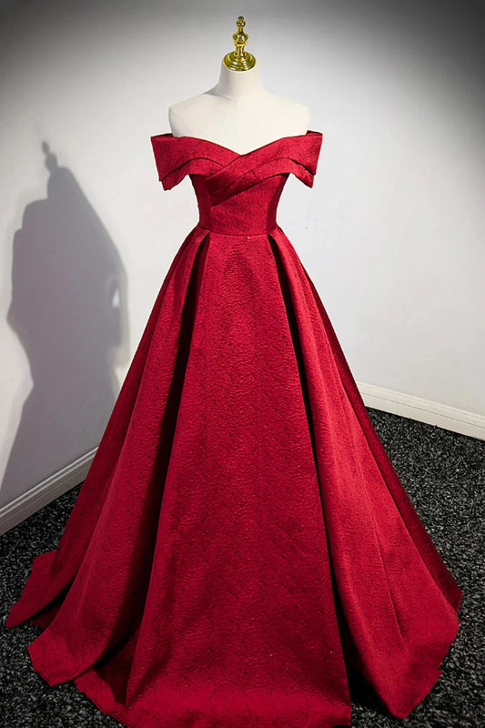 Burgundy Satin Long Prom Dress Off Shoulder Evening Party Dress simple gentle atmospheric and unique desi Bring summer colors to enhance white by YiHuiw