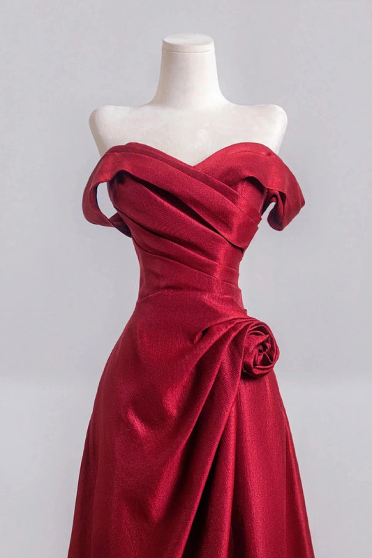 Burgundy Satin Long Prom Dress Off the Shoulder A-Line Party Dress simple gentle atmospheric and unique desi Brin by YiHuiw