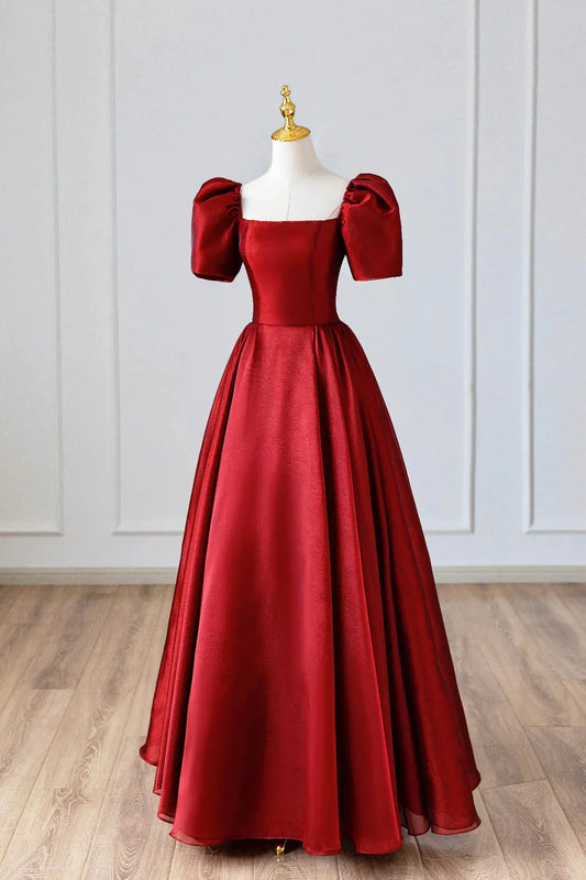 Burgundy Satin Long Prom Dress Simple A-Line Short Sleeve Evening Dress simple gentle atmospheric and unique desi Bring summer colors to enhance white by YiHuiw