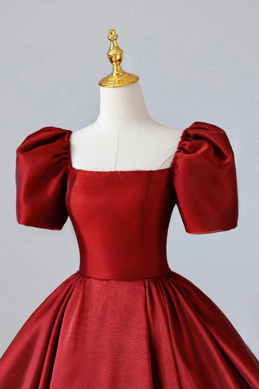 Burgundy Satin Long Prom Dress Simple A-Line Short Sleeve Evening Dress simple gentle atmospheric and unique desi Bring summer colors to enhance white by YiHuiw