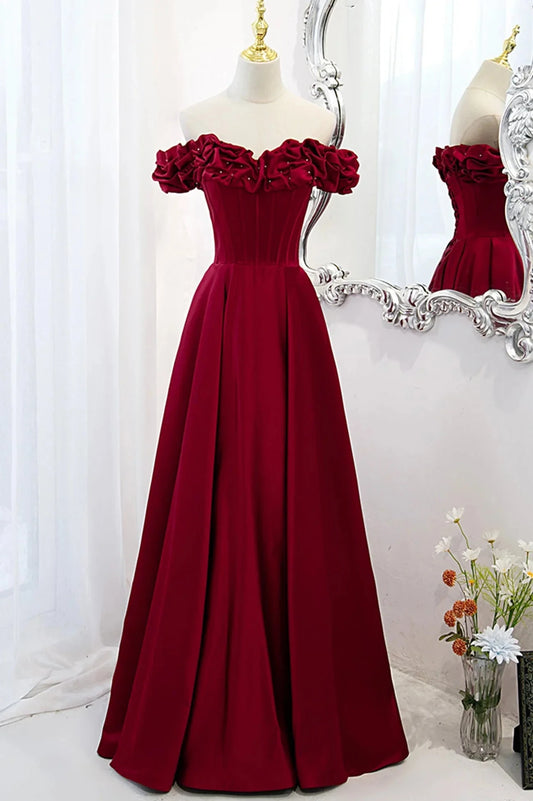 Burgundy Satin Off the Shoulder Beaded Long Formal Dress Burgundy A-Line Prom Dress simple gentle atmospheric and unique desi Bring summer colors to enhance whitenes by YiHuiw