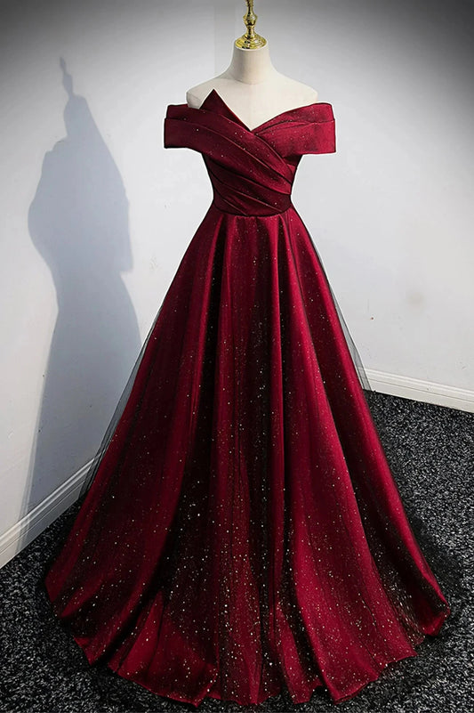 Burgundy Satin Off the Shoulder Prom Dress A-Line Evening Graduation Dress simple gentle atmospheric and unique desi Bring summer colors to enhance whitenes by YiHuiw