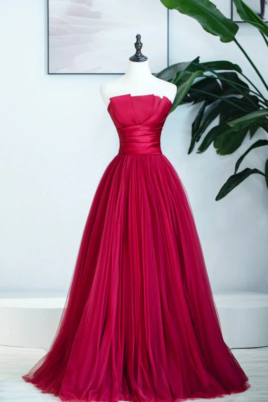 Burgundy Satin Tulle Long Prom Dress A-Line Strapless Evening Dress simple gentle atmospheric and unique desi Bring summer colors to enhance white by YiHuiw