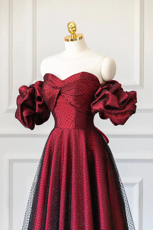 Burgundy Satin Tulle Long Prom Dress Off Shoulder Evening Party Dress simple gentle atmospheric and unique desi Bring summer colors to enhance white by YiHuiw