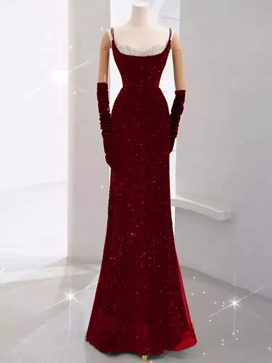 Burgundy Shiny Elegant Long Sequined Ball Gown Evening Dress Party Dress simple gentle atmospheric and unique desi Bring summer colors to enhance whiteness by YiHuiw