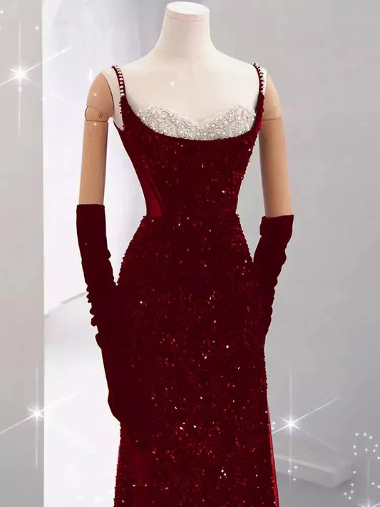 Burgundy Shiny Elegant Long Sequined Ball Gown Evening Dress Party Dress simple gentle atmospheric and unique desi Bring summer colors to enhance whiteness by YiHuiw