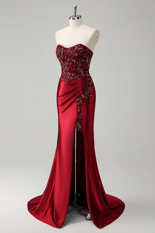 Burgundy Strapless Embellished Mermaid Evening Gown with Train Mermaid Sequin Long Prom Dress with Beading Evening Dress by YiHuiw