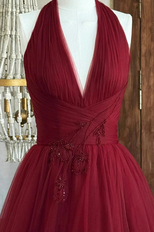 Burgundy V-Neck Tulle Long Prom Dress Elegant A-Line Backless Party Dress simple gentle atmospheric and unique desi Bring by YiHuiw