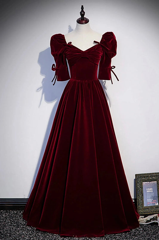 Burgundy Velvet Long Evening Party Dress A-Line Short Sleeve Prom Dress simple gentle atmospheric and unique desi Bring summer colors to enhance whitenes by YiHuiw