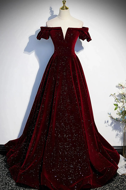 Burgundy Velvet Long Prom Dress A-Line Off the Shoulder Evening Dress simple gentle atmospheric and unique desi Bring summer colors to enhance whitenes by YiHuiw