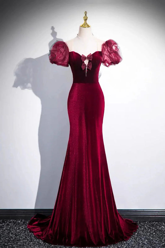Burgundy Velvet Long Prom Dress Mermaid Short Sleeve Party Dress wit Bow simple gentle atmospheric and unique desi Bring summer by YiHuiw