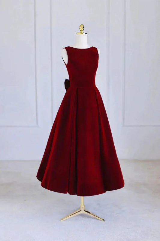 Burgundy Velvet Tea Length Prom Dress A-Line Party Dress with Bow simple gentle atmospheric and unique desi Bring summer colors to enhance white by YiHuiw