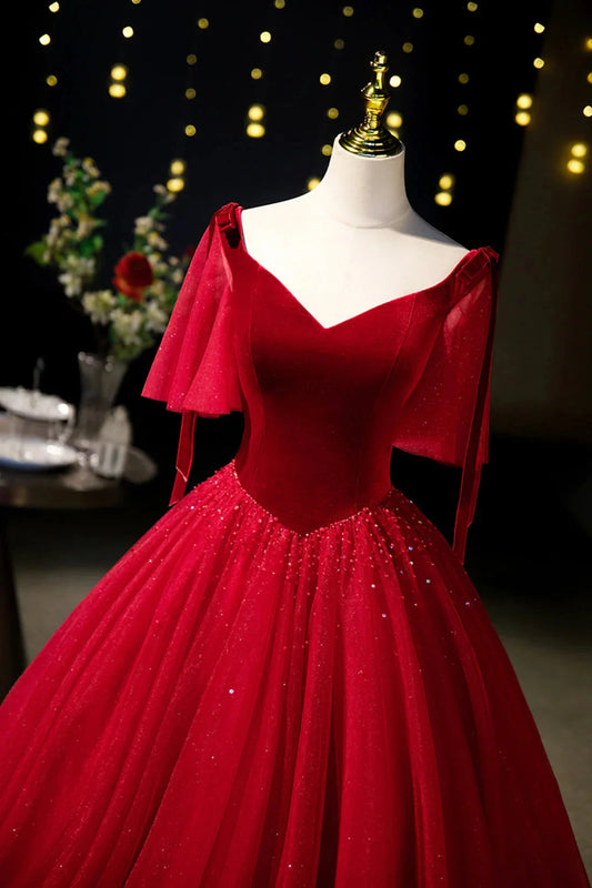 Burgundy Velvet and Tulle Long Prom Dress A-Line V-Neck Formal Evening Dress simple gentle atmospheric and unique desi Bring summer colors to enhance white by YiHuiw