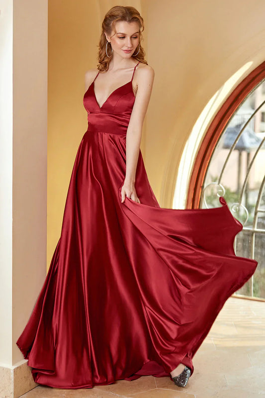 Burgundy Satin Prom Dress with Deep V-Neck and Open Back – Elegant A-Line Formal Evening Gown