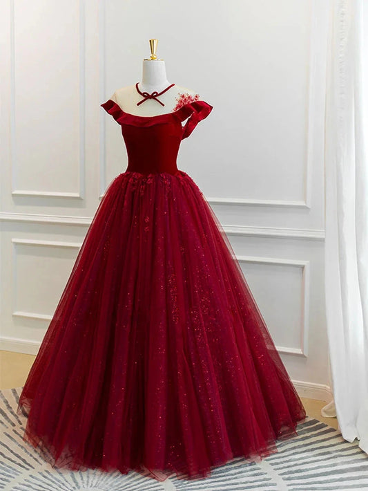 Burgundy tulle lace long prom dress burgundy tulle evening dress simple gentle atmospheric and unique desi Bring summer colors to enhance whitenes by YiHuiw