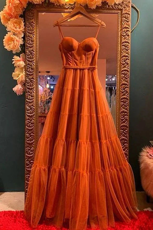 Burnt Orange Straps Tulle A-Line Long Prom Gown Formal Dress simple gentle atmospheric and unique desi Bring summer colors to enhance whiteness by YiHuiw